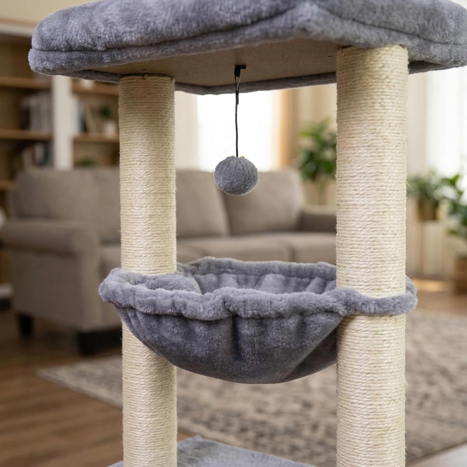 32" Cat Tree for Indoor Cats, 2-in-1 Cat House with Sisal Scratching Post & Ramp, 2-Level Cat Tower with Rotatable Feather & Ball Toys, Stable Grey Cat Condo for Small/Medium Cats, Grey