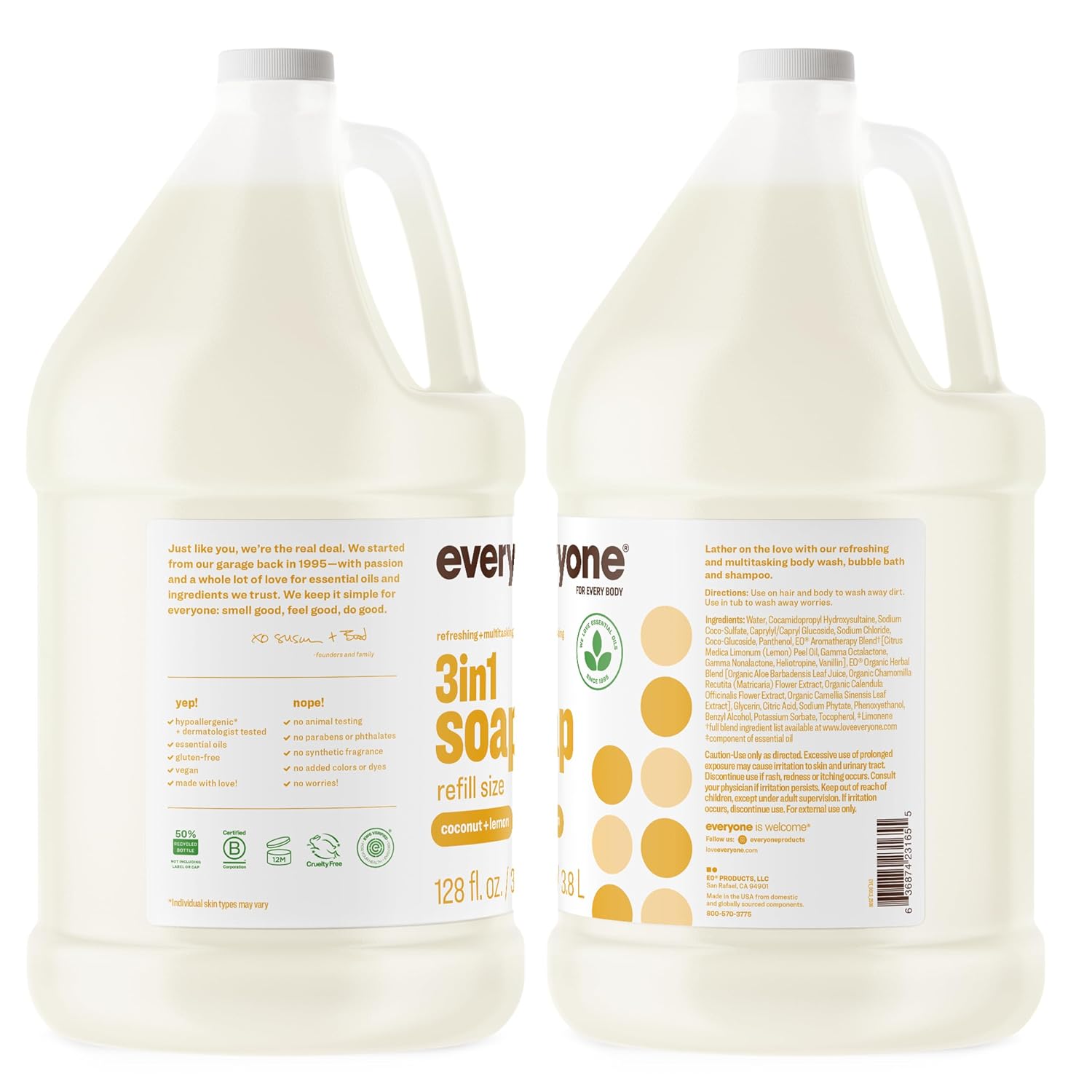 Everyone 3-in-1 Soap Body Wash Bubble Bath Shampoo Coconut Lemon 32oz 2pk | Natural essential oil formula | body wash | shampoo | bubble bath in one | coconut lemon scent | bulk value 2-pack