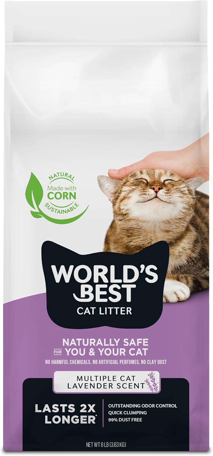 World's Best Cat Litter, Lavender Scented, Long-Lasting Odor Control, 15 lb | Controls multi-cat odors with a calming lavender scent; natural corn litter, quick clumping, flushable, 99% dust free formula
