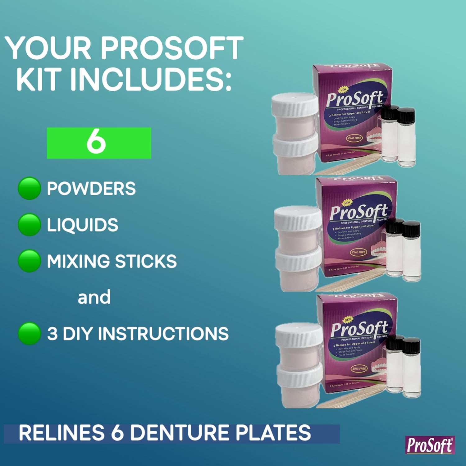 ProSoft Denture Reliner Kit, 3 Boxes (relines 6 Individual Denture Plates) | Zinc Free and Made in USA