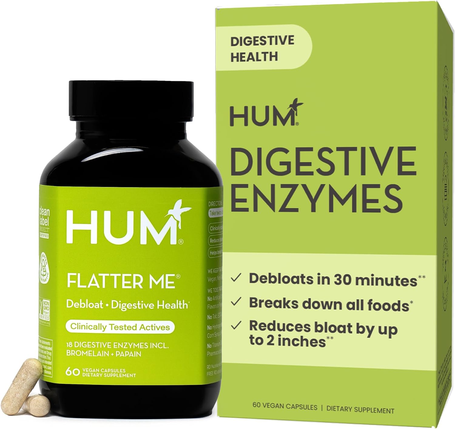 HUM Flatter Me Digestive Enzymes, Digestion & Bloating Support, 60 Count | 18 Digestive Enzymes, Ginger, Peppermint & Fennel, Women & Men, Vegan, Non-GMO, 60 Capsules