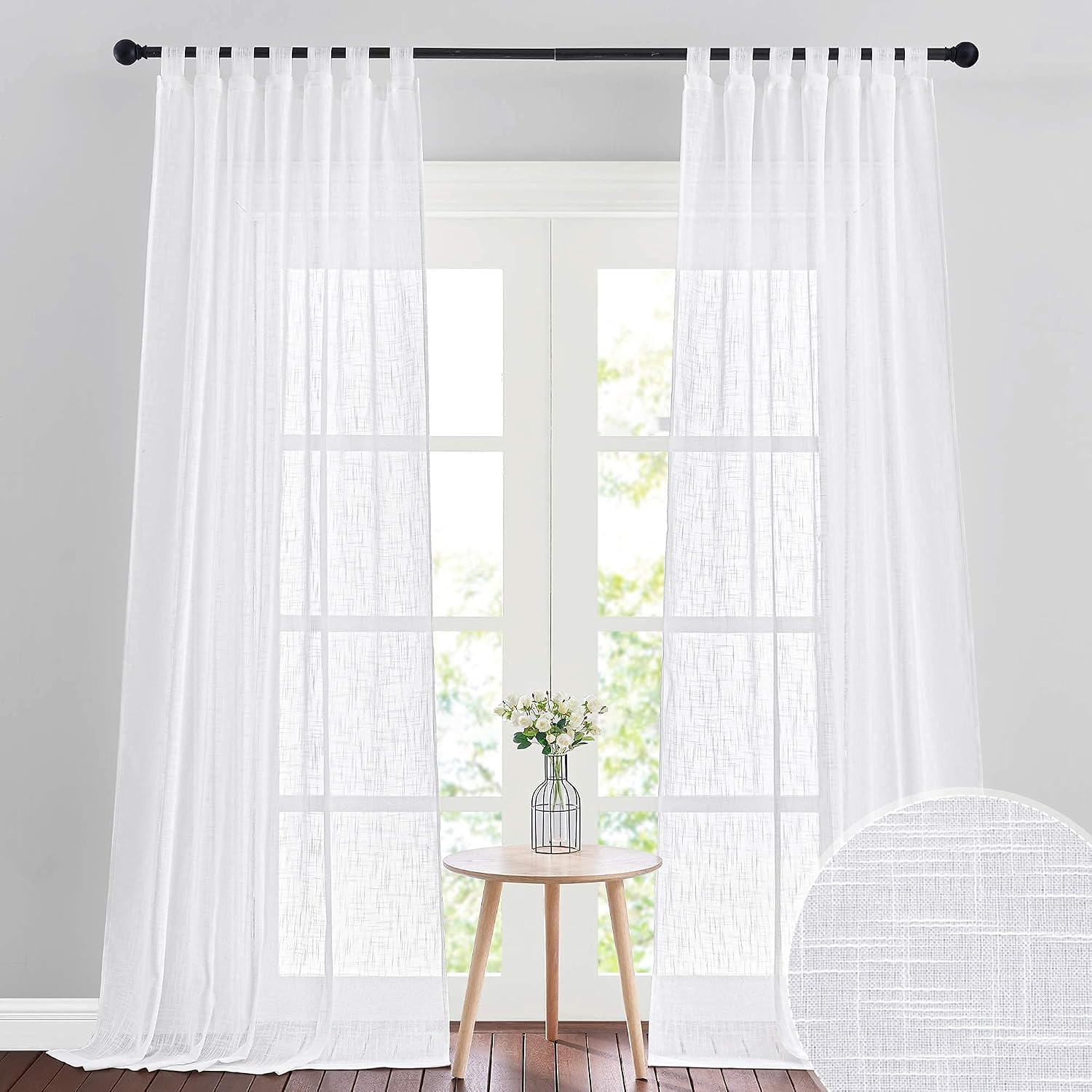 RYB HOME Linen Sheer Curtains - Linen Textured Semi Sheer Curtains for Kids Nursery Bedroom Living Room Window