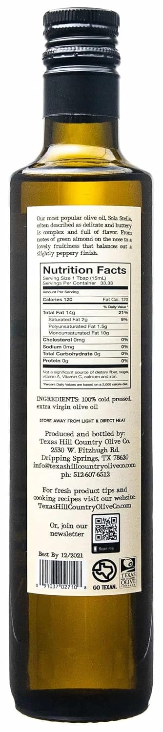 Texas Hill Country Olive Co Terra Verde Extra Virgin Olive Oil - Cold Pressed EVOO Gourmet Olive Oil - Rich & Fruity - Perfect for Finishing & Dressing - Award Winning & Made in Texas (8.5 oz)