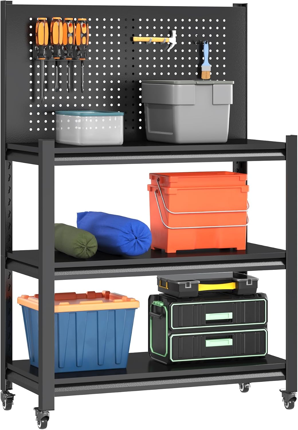 48" H Work Bench with Storage, Garage Work Bench with Pegboard and Wheels | Mobile Workbench, Adjustable Shelves, Large Pegboard, Lockable Wheels