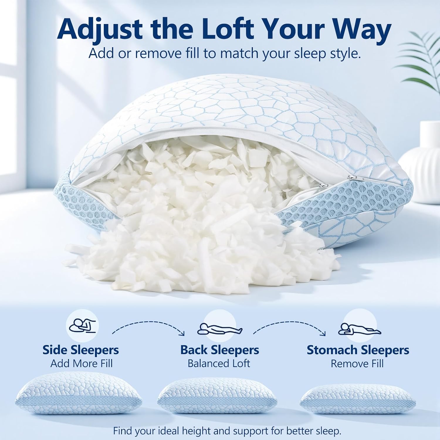QUTOOL Cooling Pillow for Sleeping, CertiPUR-US Shredded Memory Foam Queen Pillows Set of 2, Cool Pillow for Hot Sleepers Adjustable Firm Pillow for Side, Back, Stomach Sleepers Soft Yet Support,White