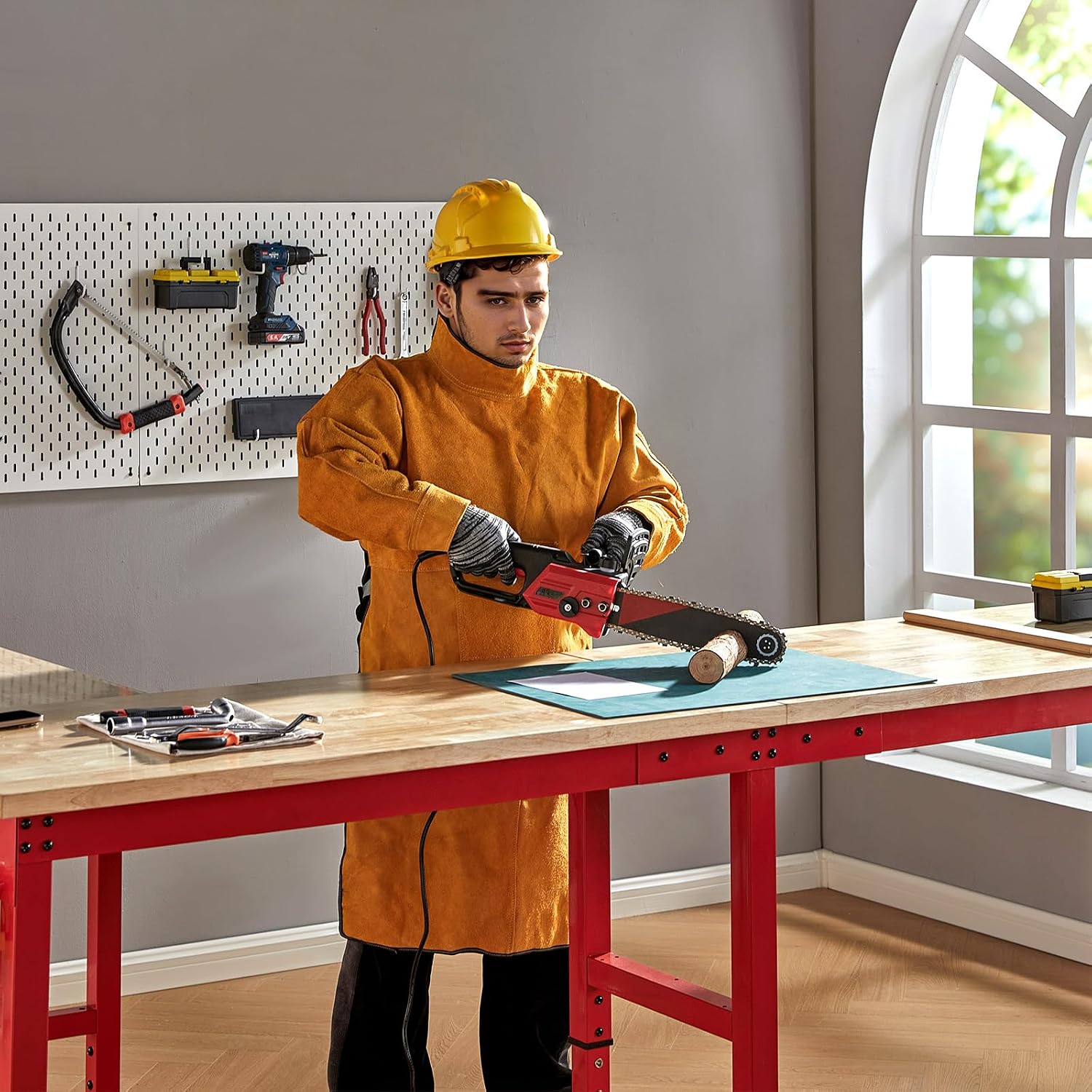 Albott 44 x 20-Inch Adjustable Workbench | 2000 Lbs Capacity, Solid Rubber Wood Top, Power Outlets and Hooks, for Garage, Workshop and Home Office, Black