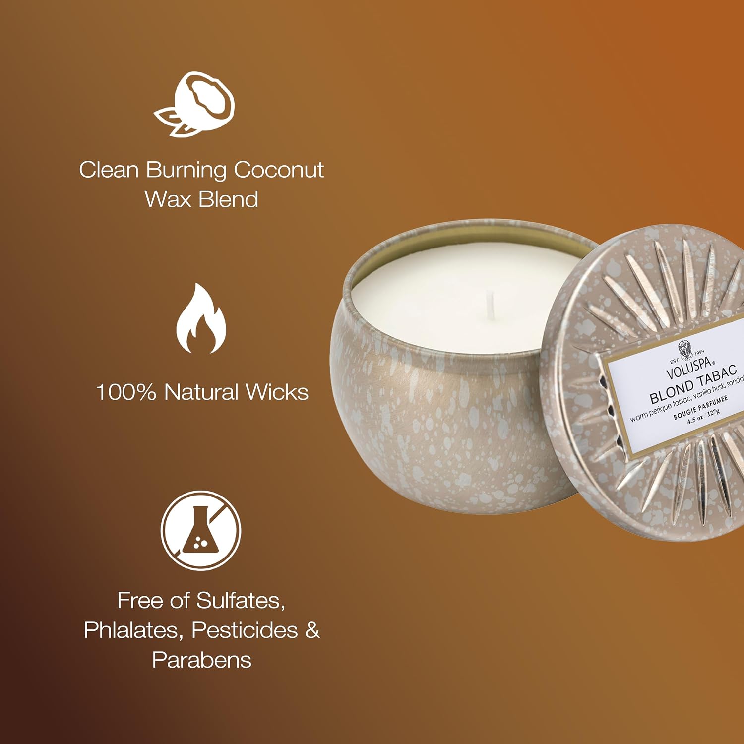 Voluspa Bourbon Vanille, Mini Tin Candle, 4 oz, 25 Hour Burn Time, Coconut Wax for Clean Burning, Handcrafted in the USA