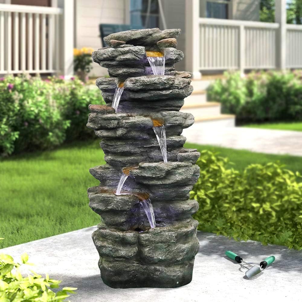 PeterIvan Outdoor Relaxing Waterfall - 6-Tier Fountain with 6 LED Lights, Stone-Liking Resin for Patio, Garden, House&Office (40.6in, Grey)