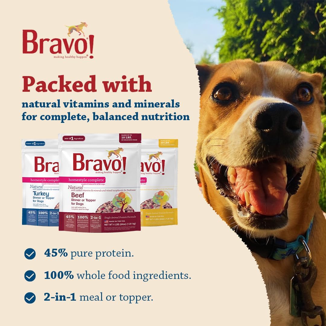 Bravo! Homestyle Complete Freeze Dried Raw Dog Food, Beef, 2 Pounds | Whole Food Ingredients, Rehydrate with Water for Up To 9 Pounds of Food, Use as Meal or Food Topper, Grain Free, Gluten Free