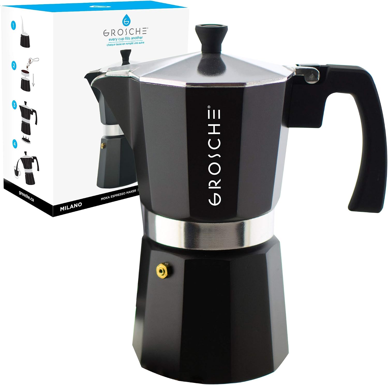 GROSCHE Milano Moka Pot | 9 Espresso Cup - 15.2 oz | Stovetop Espresso Percolator & Coffee Maker – Portable, Ideal for Home and Camping | Cuban Coffee Maker And Italian Moka Pot For Stovetop Espresso; For Gas, Electric, And Propane Stoves With A Soft-Tou…