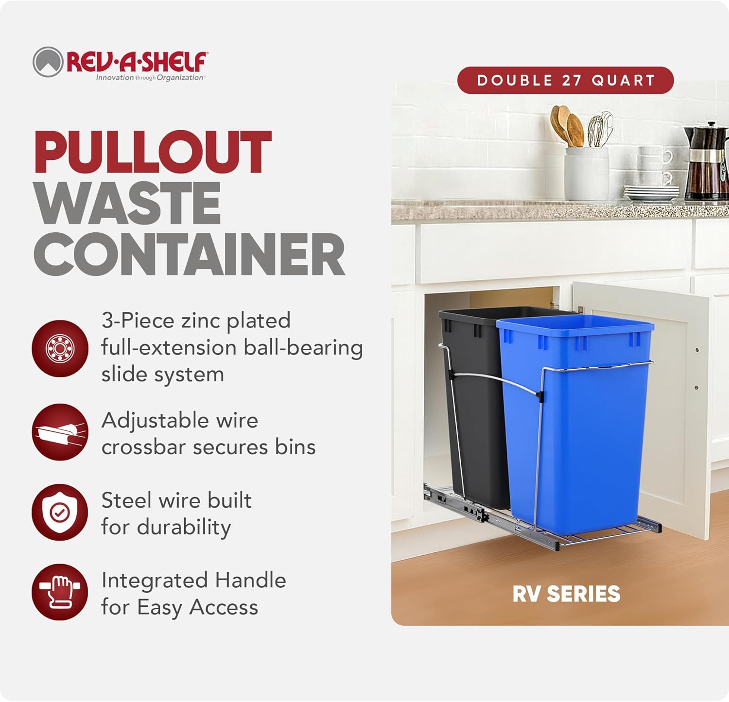 Rev-A-Shelf Double 27 Qt Pullout Trash Can for Base Kitchen Cabinets, Garbage Waste Bin System with Full Extension Slides, Min Opening Width of 11.5", Metallic Silver, RV-15KD-17C S