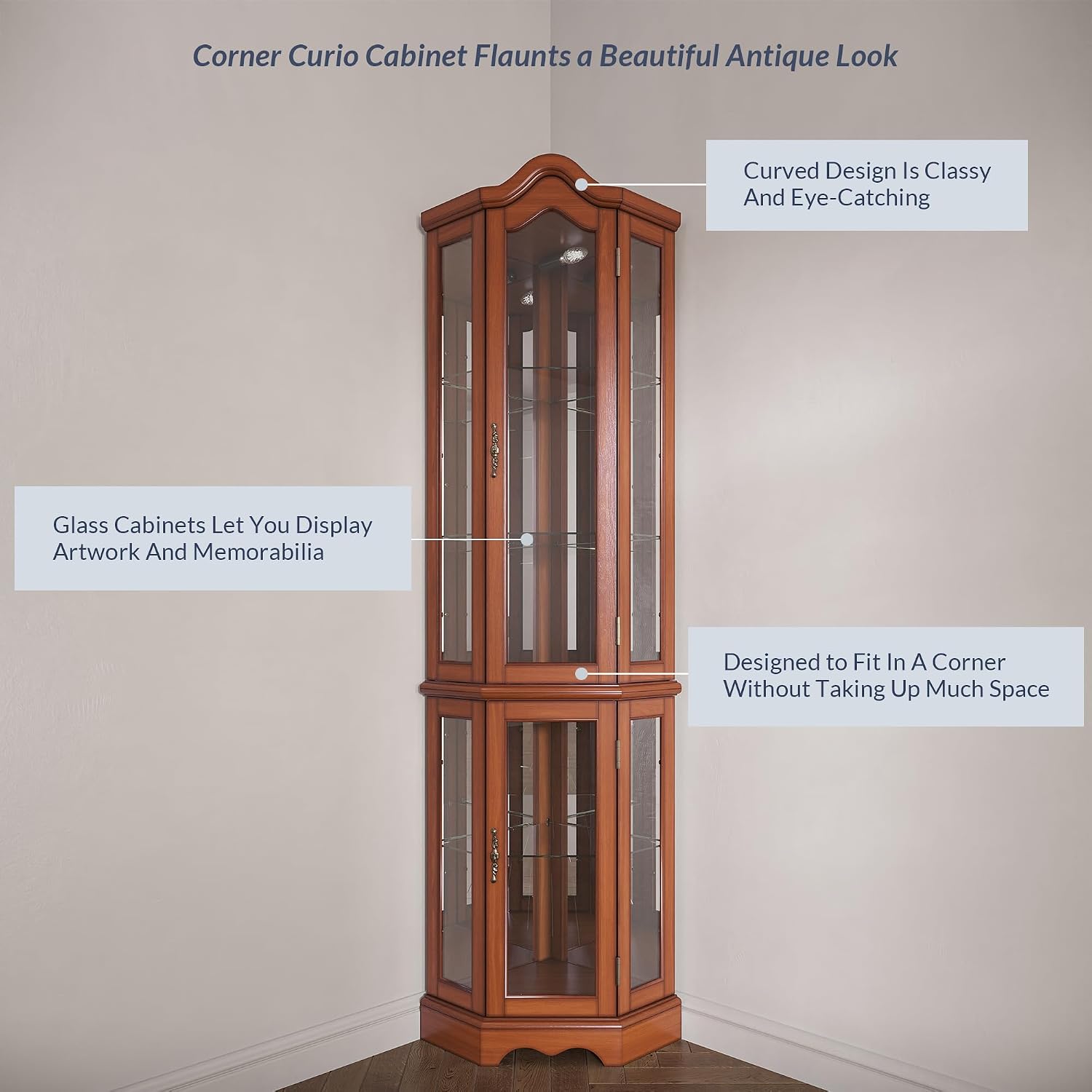 BELLEZE Lighted Corner Display Curved Top Curio Cabinet Wooden Shelving Unit with Tempered Glass Door