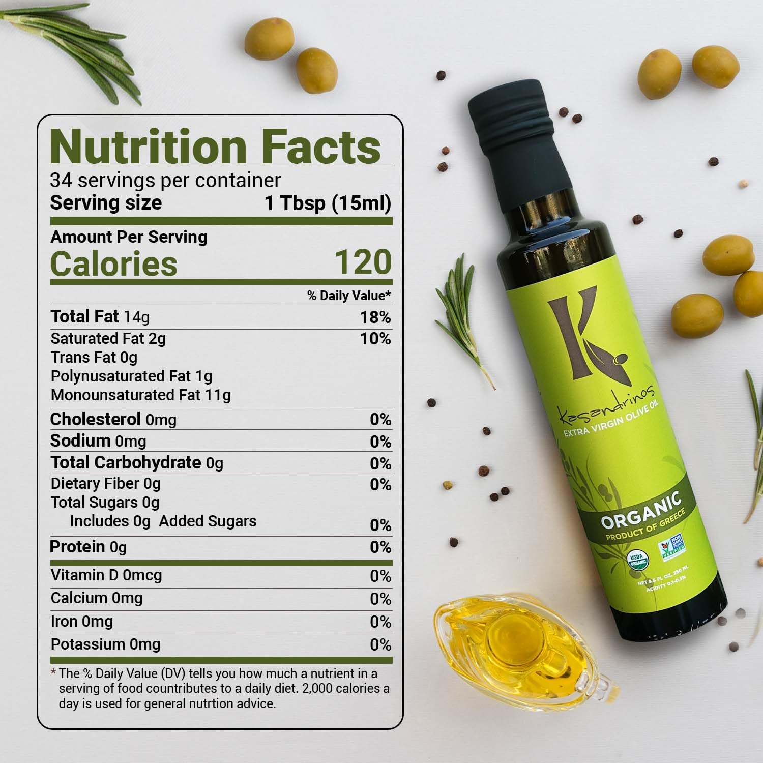Kasandrinos Organic Olive Oil Extra Virgin, Polyphenol Rich Greek Olive Oil, 100% Organic First Cold Pressed, Mild + Delicate Flavor, Verified by Non GMO, 500 ml / 16.9 oz
