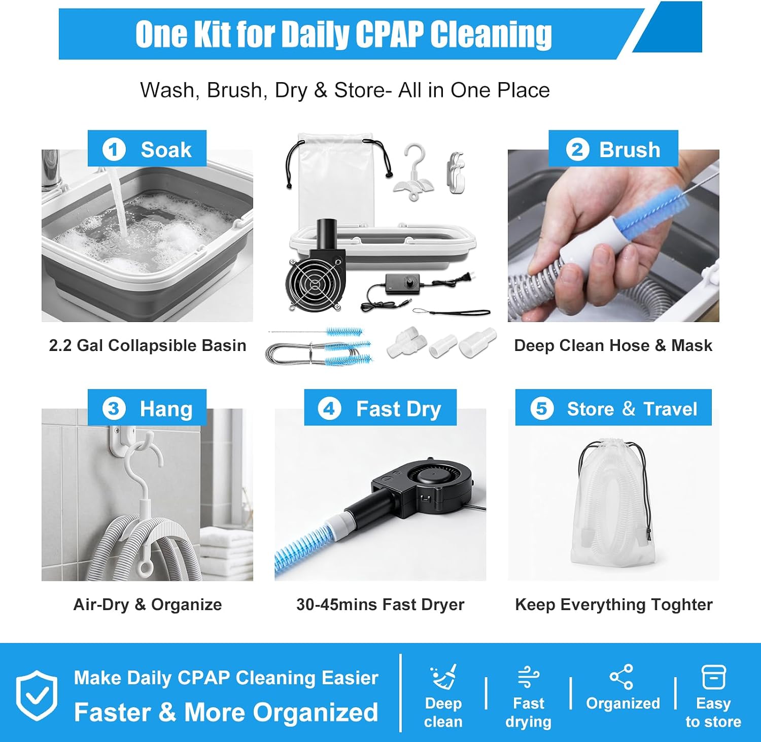 CPAP Cleaning Kit with Hose Dryer for 15-22mm Tubing CPAP Supplies Cleaner, Extra Large | Complete 11Pack CPAP Cleaning Tool, Fast Drying Fan