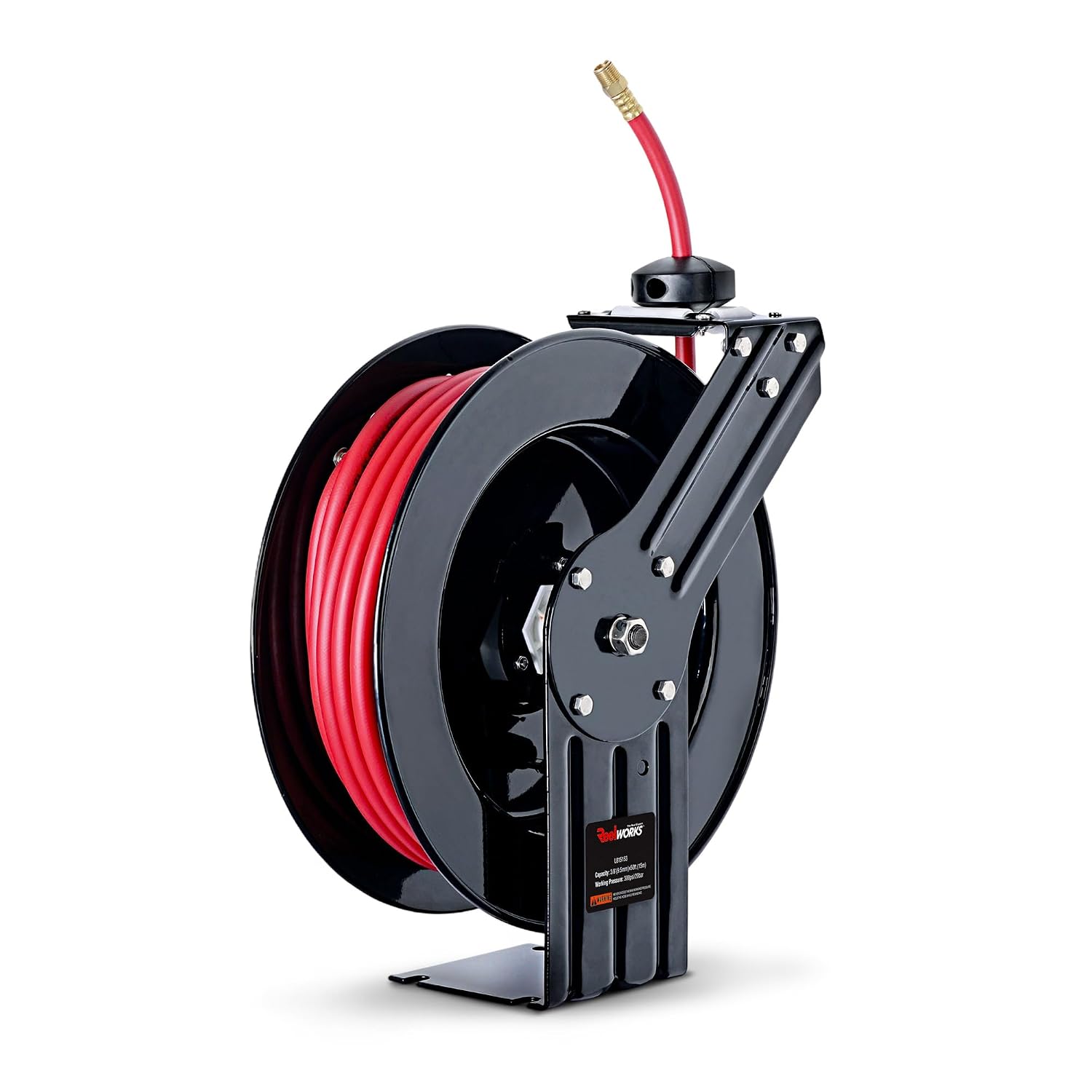 ReelWorks Retractable Air Hose Reel, 3/8" x 50 ft, 300 PSI, Hybrid | Keeps its hybrid hose flexible from -40°F to 176°F for year-round shop use