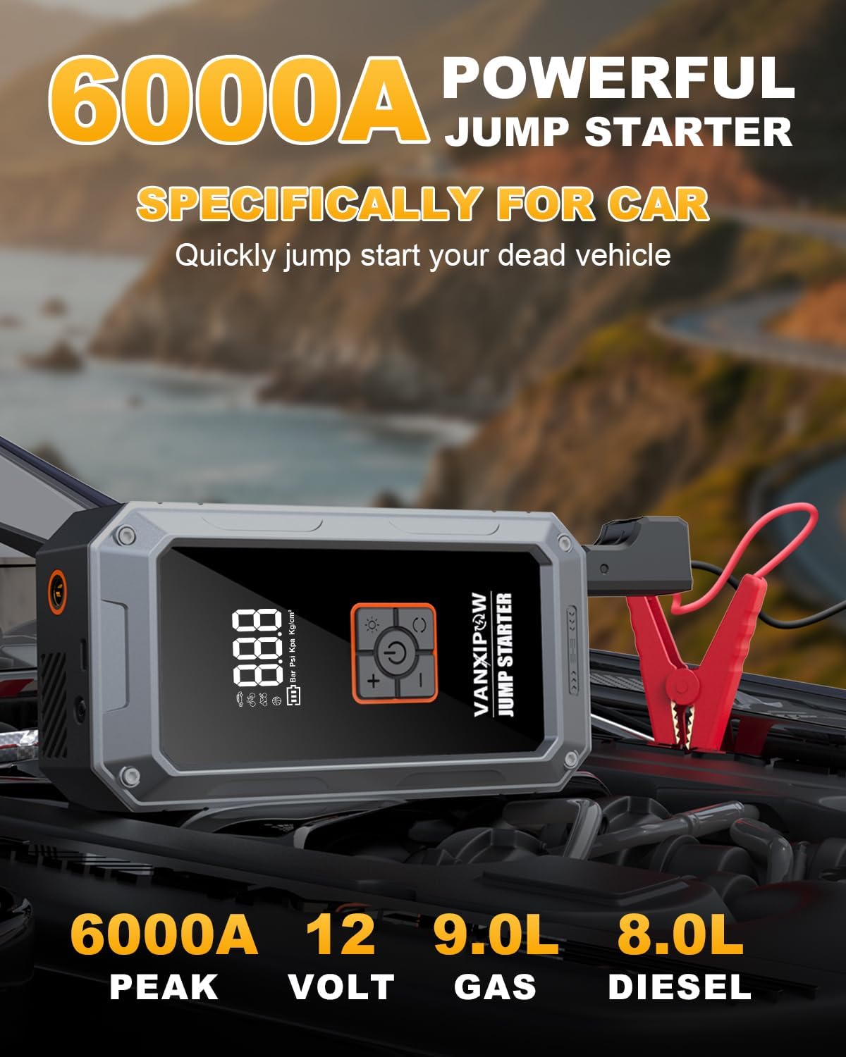 M1 6000A Car Battery Jump Starter with Air Compressor 150PSI (9.0 L Gas/8.0L Diesel), Portable Car Jump Starter Power Pack
