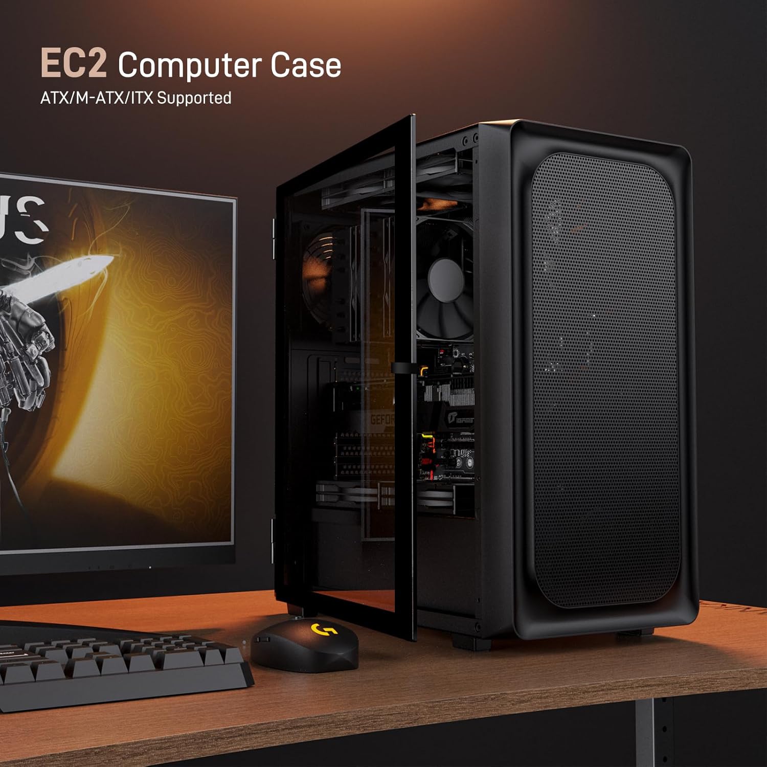 DARKROCK EC2 ATX Mid Tower Gaming Computer PC Case, Type-C Ready | Supports 50 Series Graphics Cards, Tempered Glass Side Panel
