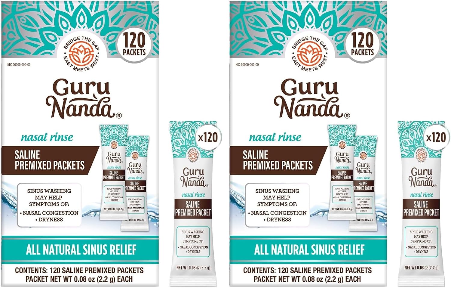 GuruNanda PreMixed Saline Packets for Nasal Rinse (120 Count), All Natural Sinus Rinse Packets to Help with Allergies & Congestion Relief, 0.08oz Each
