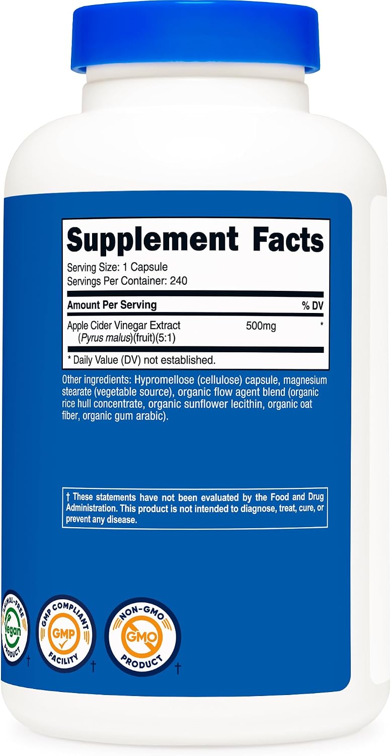 Nutricost Apple Cider Vinegar Capsules 500mg, 240 Vegetarian Capsules | Natural, GMO-Free and Gluten Free