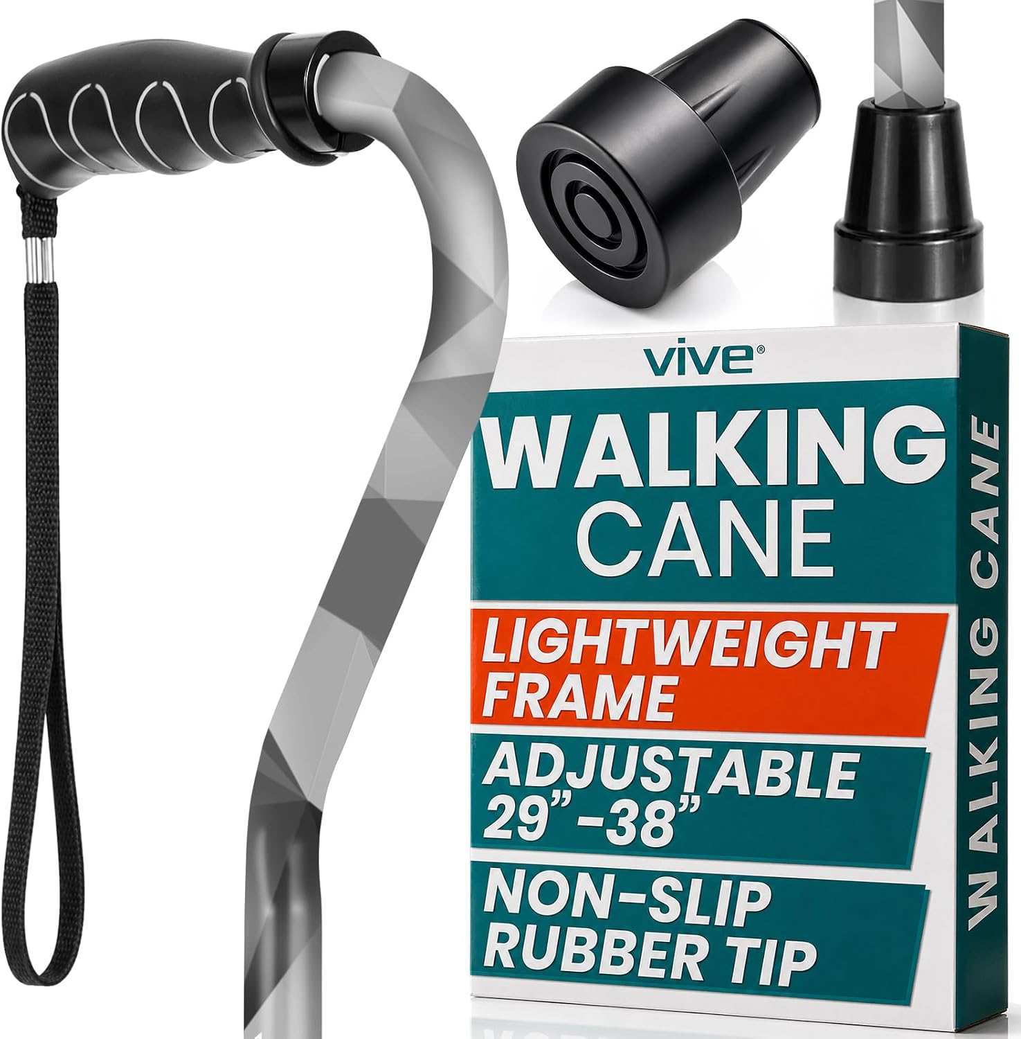 Vive Walking Cane for Women, Men, Elderly - Patented Offset Grip - Lightweight Adjustable Walking Aid with a Non-Slip Tip - Sturdy Balancing Mobility Aid for Seniors
