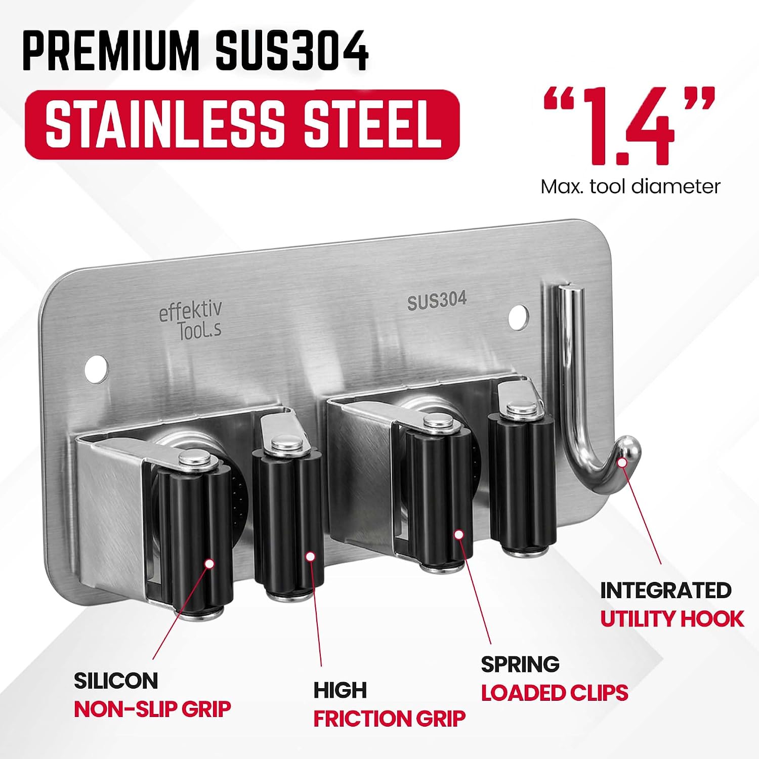 Wall Mount Hanger for Brooms & Mops - Adhesive Stainless Steel Mops & Broom Holder, 4 Clamps, 3 Hooks