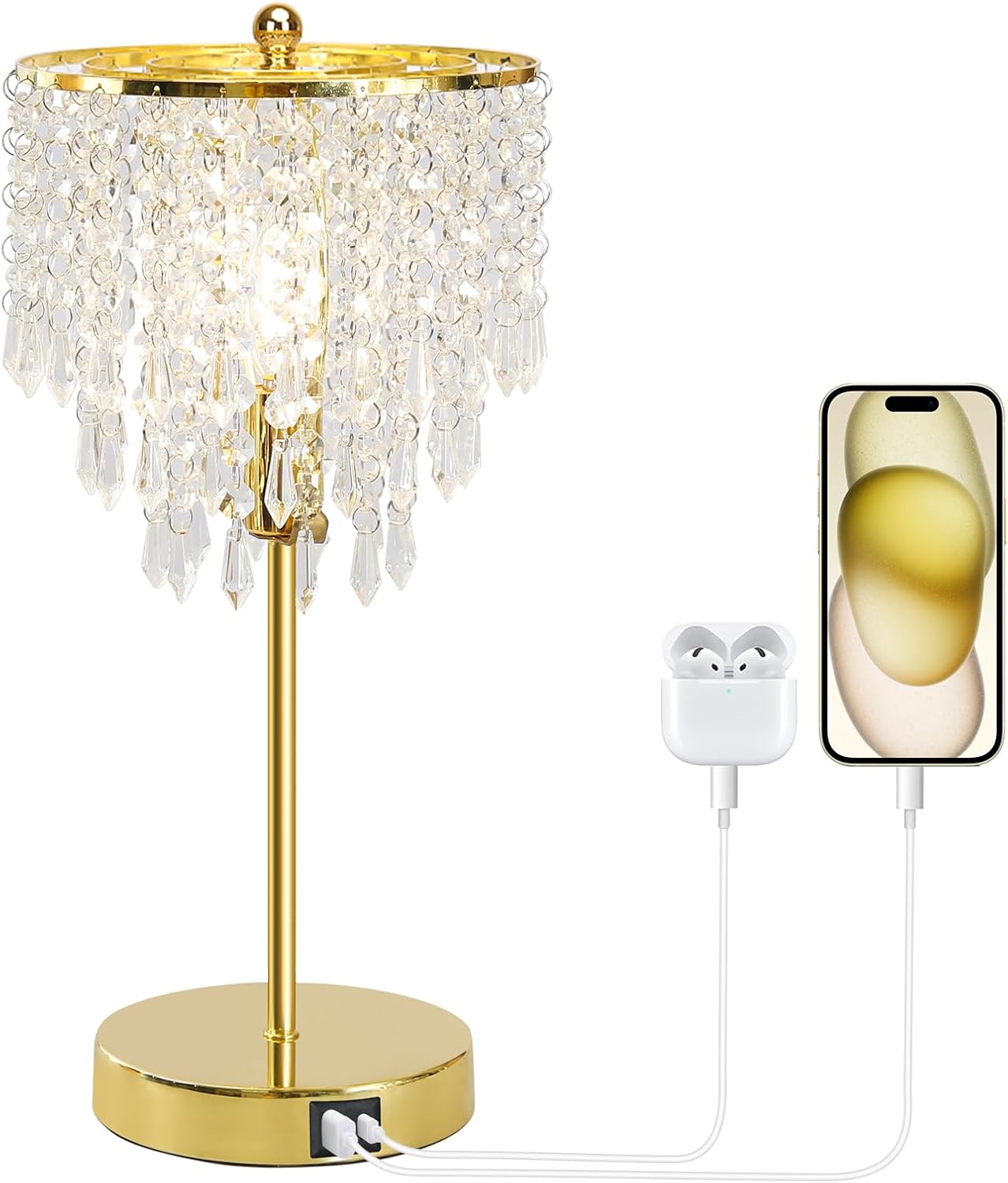 Touch Control Crystal Table Lamp with USB C+A Charging Ports, 3-Way Dimmable Bedside Touch Lamp Decorative Nightstand Lamp with Elegant Lampshade for Living Room Bedroom, B11 LED Bulb Included