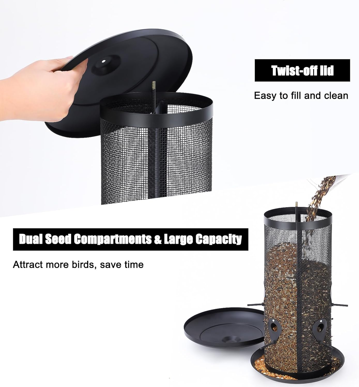 Gtongoko Bird Feeders for Outdoors, All Metal Mesh Tube Bird Feeder | Up to 10 LB Large Capacity Hanging Bird Feeder with Dual Seed Compartments