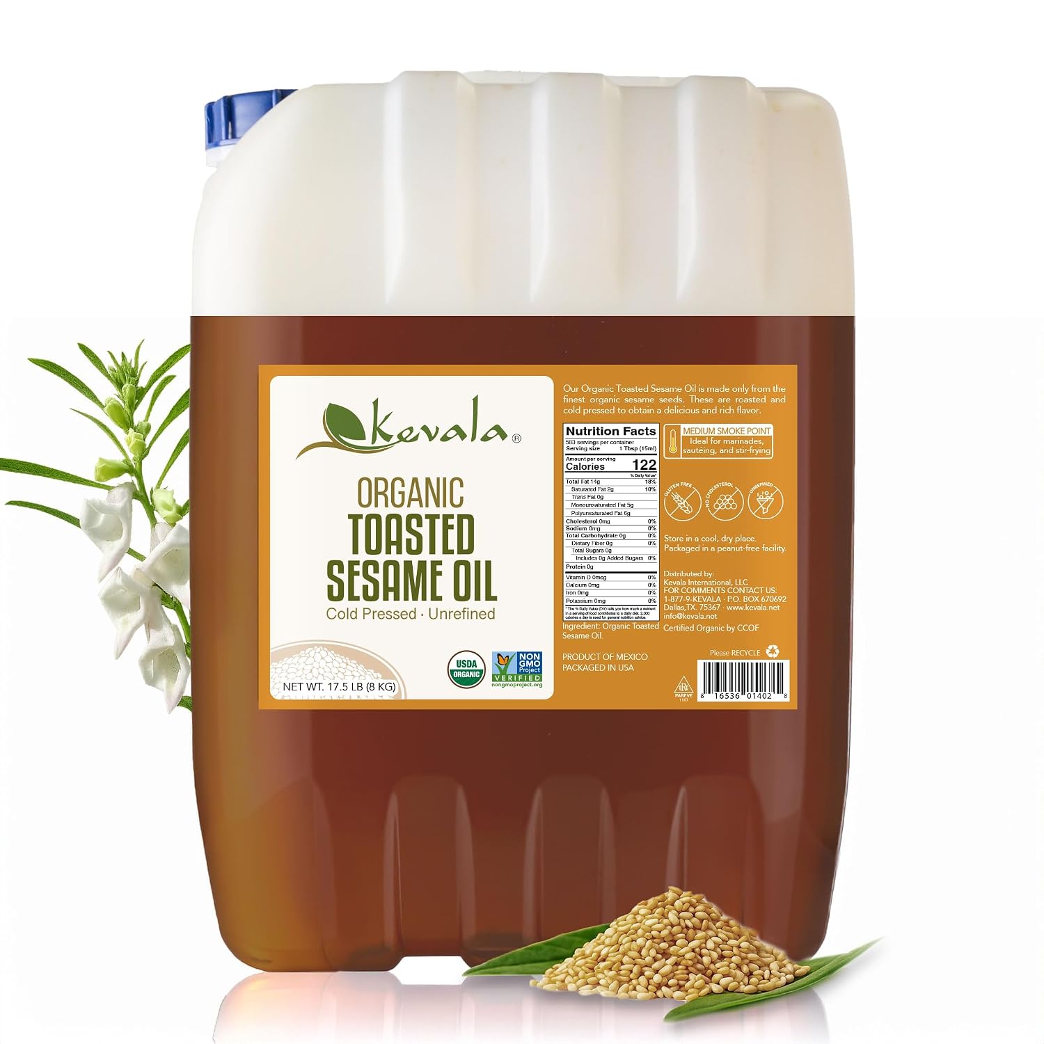 Kevala Organic Toasted Sesame Oil - 1 gal, Made with Organic Sesame Seeds | Medium Smoke Point Suitable for Light Roasting and Stir-Frying, Kitchen Pantry Essential Vegetable Oil, Salad Dressing Base