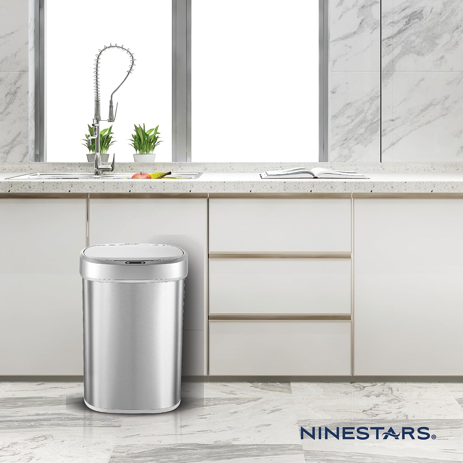 Ninestars 13 Gallon Oval Automatic Trash Can, 50L Touchless Motion Sensor Kitchen Garbage Can with Odor-Sealing Lid, Silver Stainless Steel