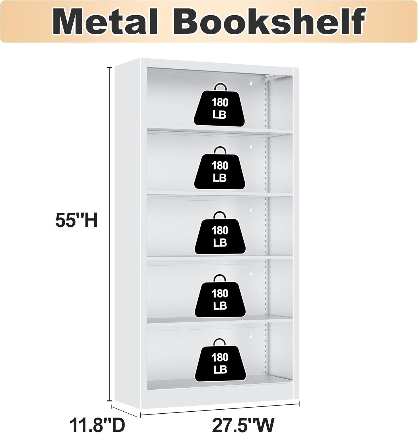 Bookcase,5 Tier White Bookshelves,66" Tall Free Standing Metal Bookcase with Adjustable Storage Shelves, Industrial Wide Bookshelf for Bedroom Living Room Home Office School