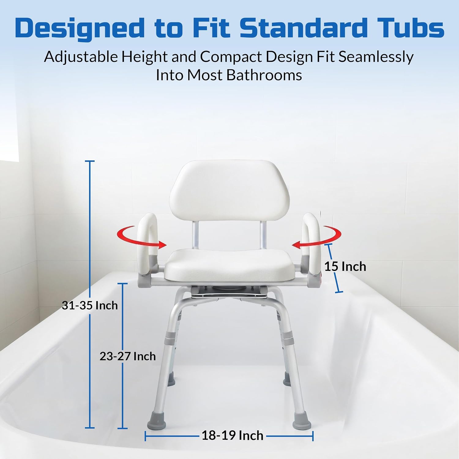 Swival Shower Chair with Padded seat for Inside ShowerFor Senior, Bath Seat | Sit Securely While Bathing - Blue, padded seat, padded armrests, swivel seat, tool-free assembly, 600 lb
