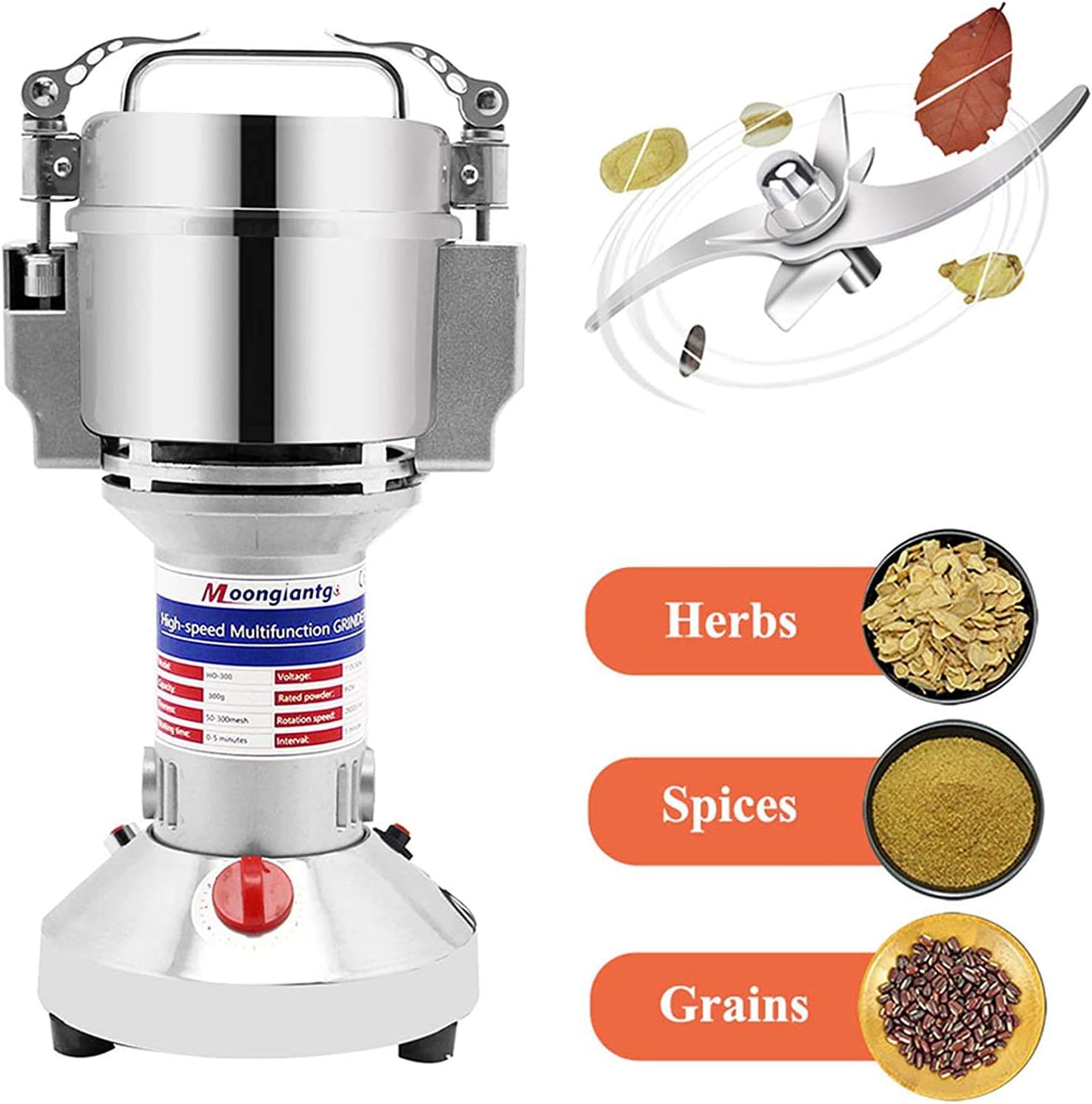 Moongiantgo Grain Mill Grinder Commercial Spice Grinder, 2500g Swing, 110V