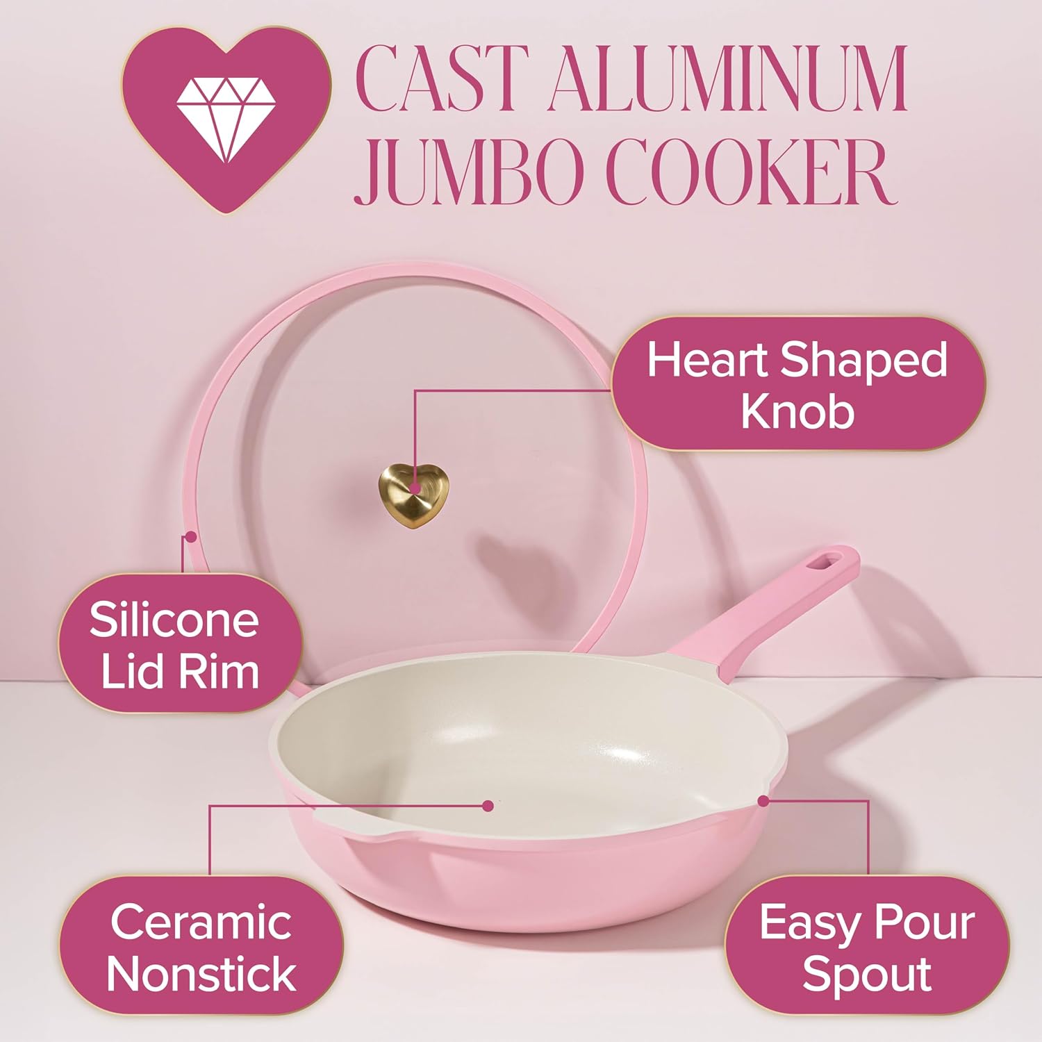 Paris Hilton Cast Aluminum Dutch Oven with Lid, Ceramic Nonstick Coating Made Without PFAS, PFOA, PFOS & PTFE, Heart Knob, 4.3-Quart, Pink