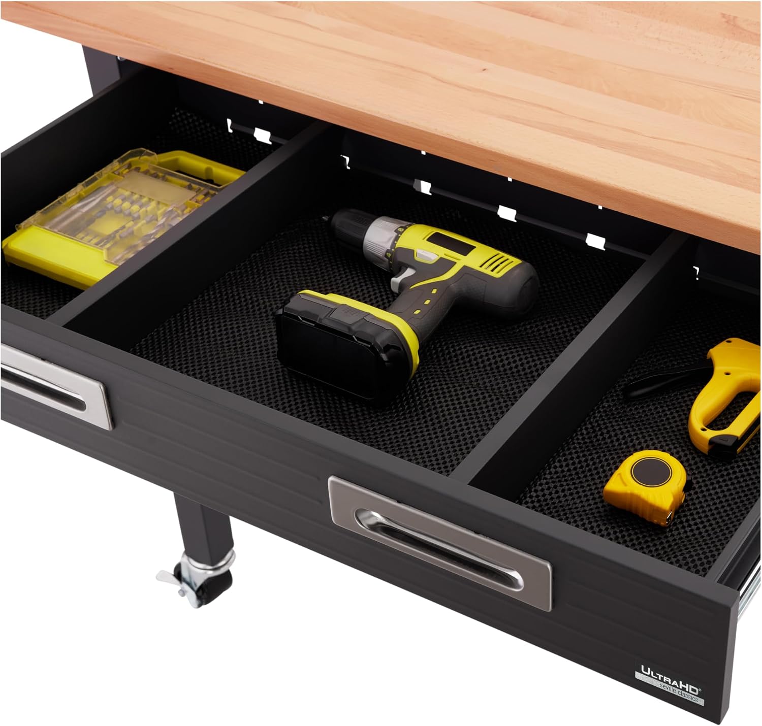 Seville Classics UltraGraphite Wood Top Workbench on Wheels with Sliding Organizer Drawer Table, 48", Graphite
