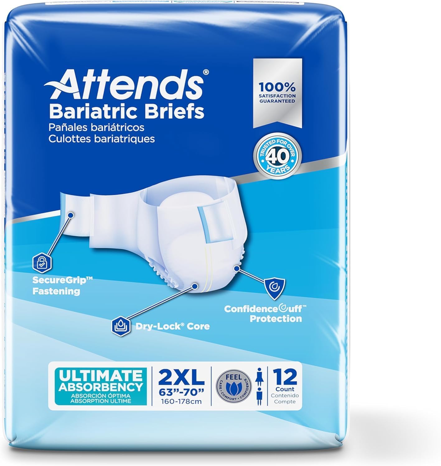 Attends Bariatric Incontinence Disposable Briefs, XX-Large, 63"-70" Waist with Tab Closures, Ultimate Absorbency, Dry-Lock Containment Core and ConfidenceCuff Leakage Protection, 2XL 48ct Case