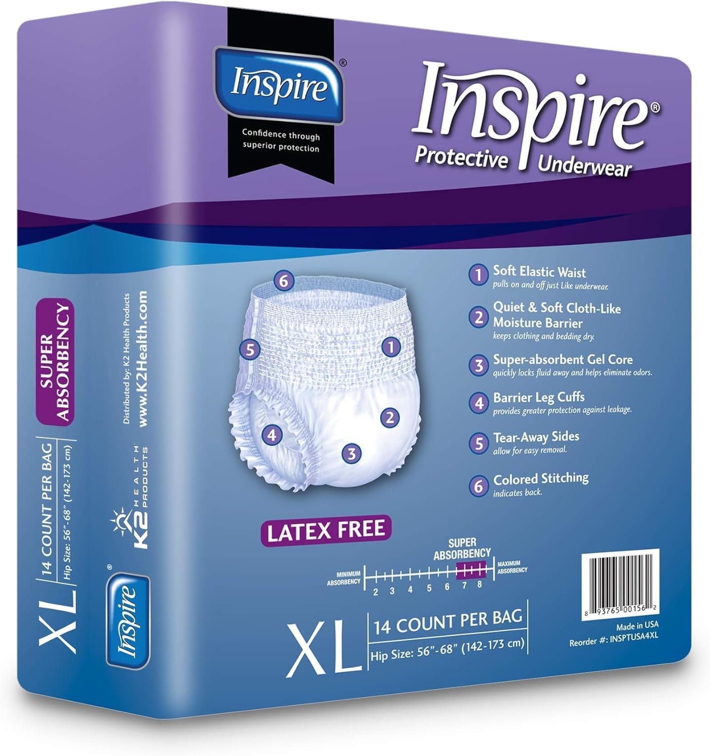 Inspire Protective Underwear for Men and Women with Incontinence | Adult Diapers | Disposable Underwear for Adults | Adult Pull Ups - 4 Bags of 14 | 56 Total (Extra Large)