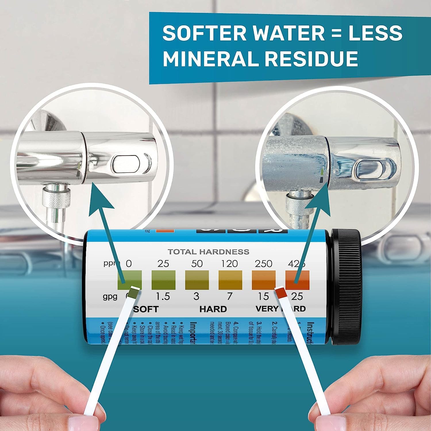 Pool Test Strips for Pools and Spas - 7 in 1 Water Test 100 Pack | Includes 100 pool test strips that measure chlorine, bromine, pH, alkalinity, hardness and cyanuric acid in 30 seconds.