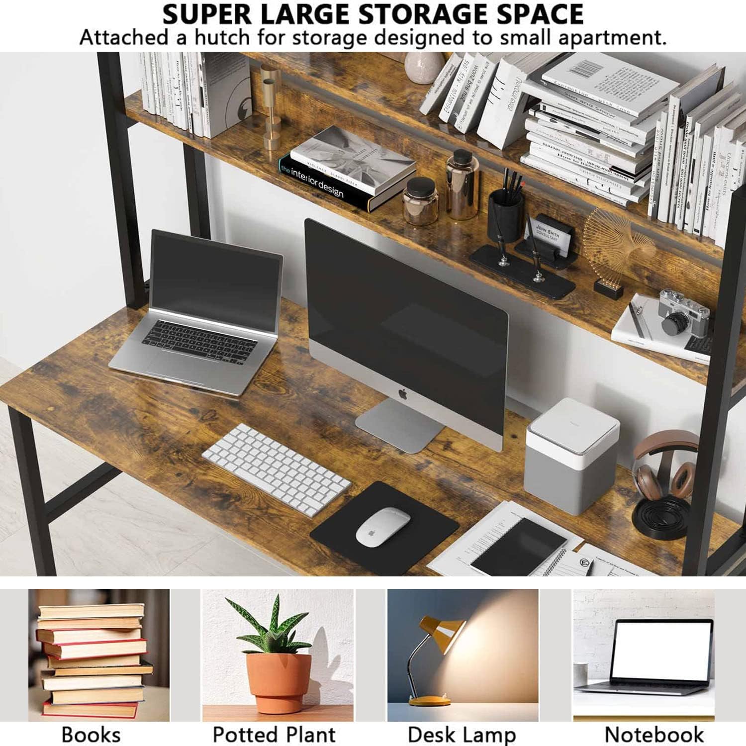 Aquzee Computer Desk with Shelves, 47" W x 23.6" D Gaming Desk with Hutch and Bookshelf