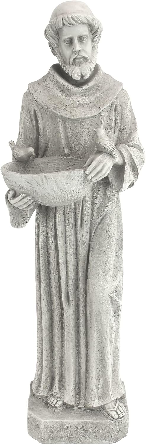 Design Toscano Francis of Assisi Blessing Religious Garden Decor Statue with Bird Bath Feeder, 19 inches Tall, Cast Stone Resin, Gray Stone Finish