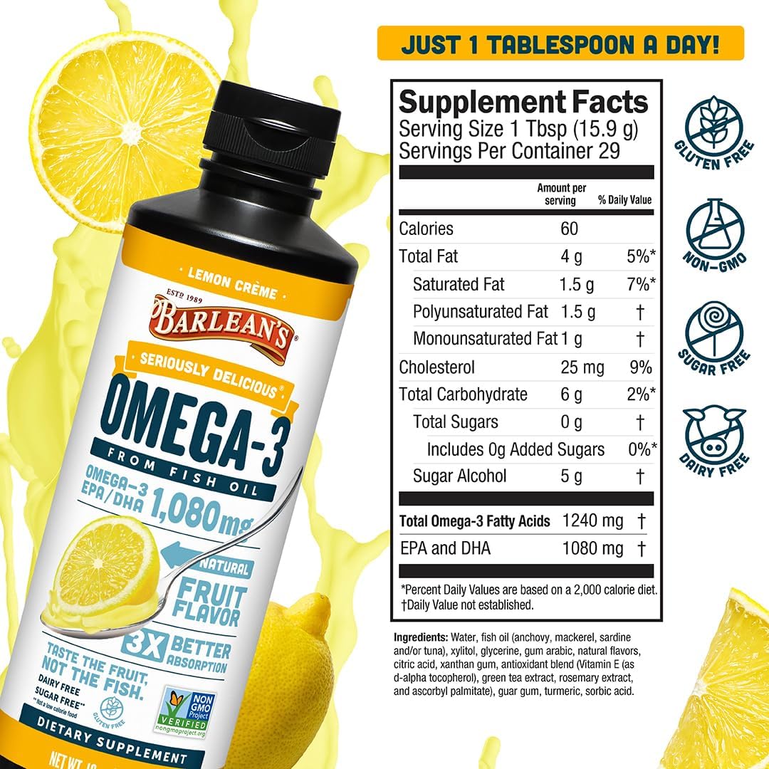 Barlean's Mango Peach Omega-3 Fish Oil, Vitamin D, 1080mg EPA & DHA, 8oz | Wild-caught fish oil plus vitamin D, EPA DHA omega-3, Burpless, Non-GMO, Gluten-free, Heart, brain, bone & immune