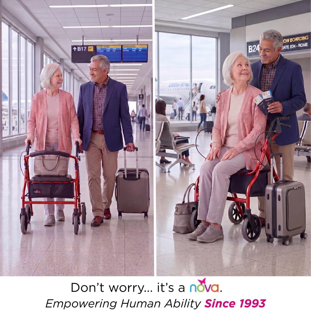 NOVA Zoom 22 Rollator Walker for Seniors, Rolling Walker with Locking Hand Brakes, Padded Seat & 8" Wheels, Lock N Load for Easy Transport & Storage, Adjustable Height 5'5"–6'1", Red