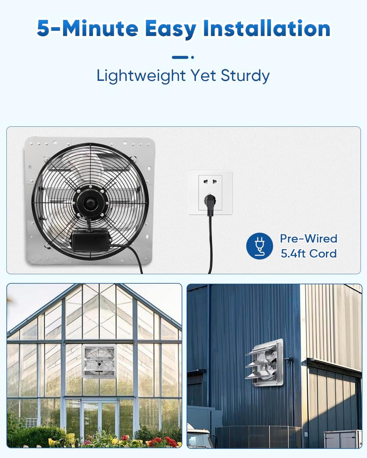 KEN BROWN 12 Inch Shutter Exhaust Fan Wall Mounted, Aluminum with 1.65 Meters Power Cord Kit, High Speed 1450CFM, Vent fan for Commercial, Greenhouse