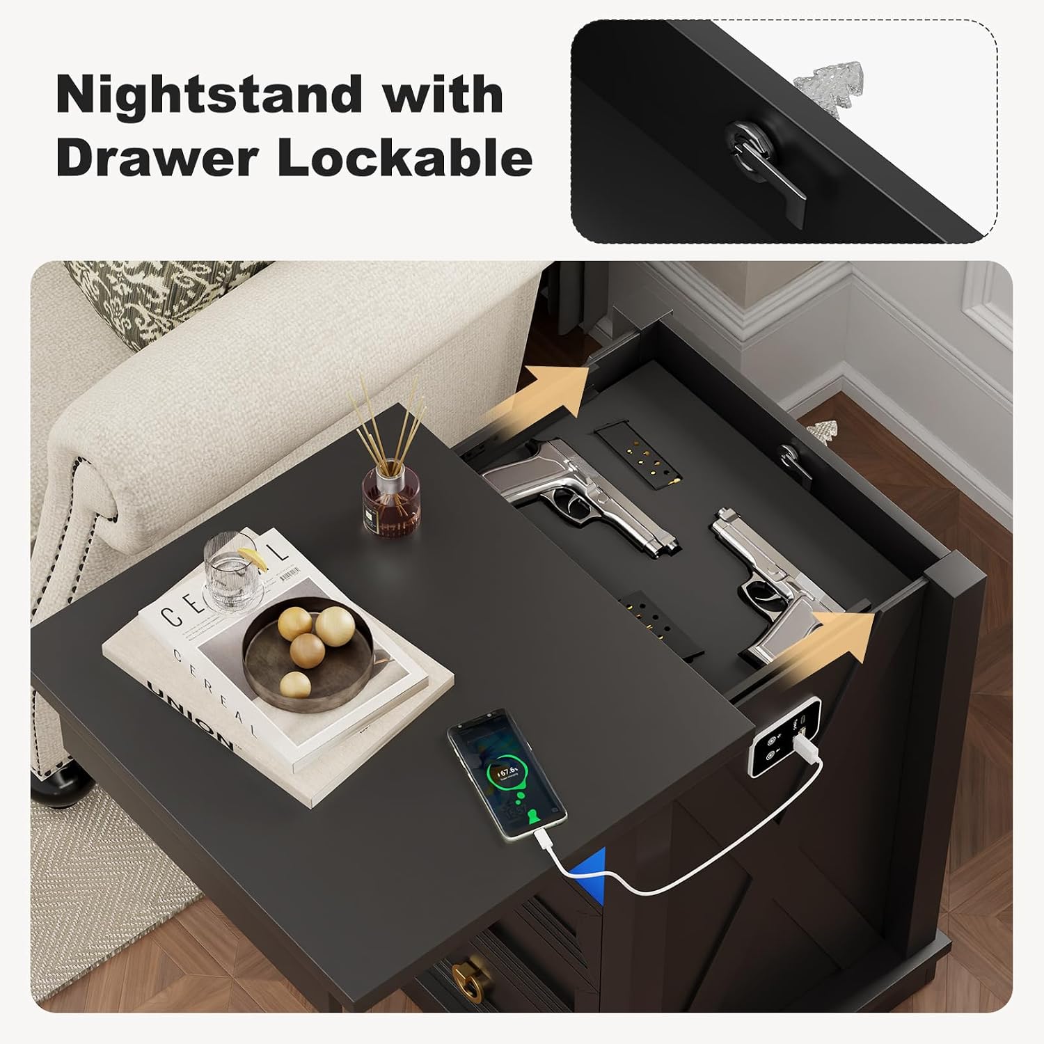 Smart LED Nightstand with Lockable Gun Drawer & Glass Top（Black） | Modern Bedside Table with Charging Station and Hidden Storage, LED Night Stand with 4 Drawers & Motion Sensor for Bedroom