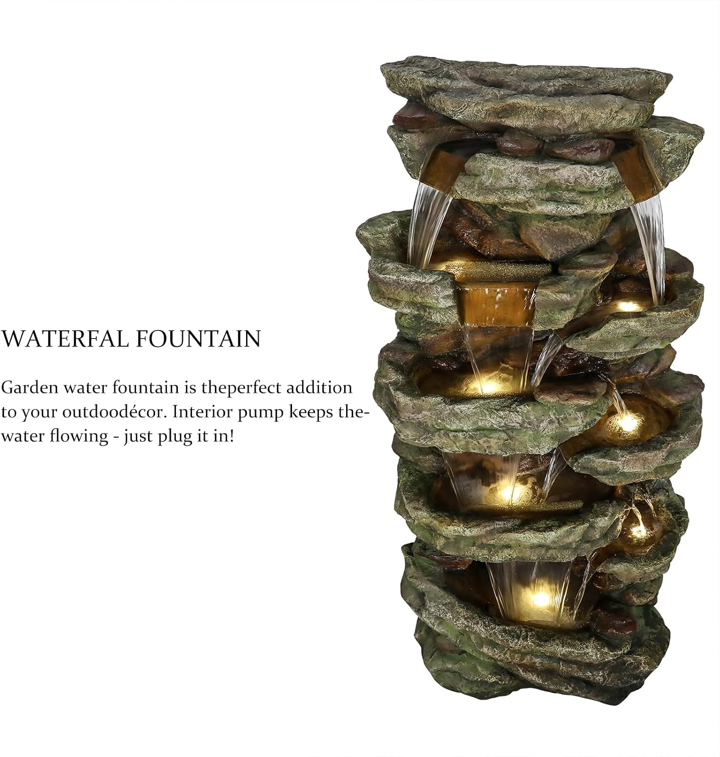 SunJet 40.5” High Rocks Outdoor Water Fountain - 6-Tiers Cascading Waterfall with LED Lights, Soothing Tranquility for Home Garden, Yard Decor