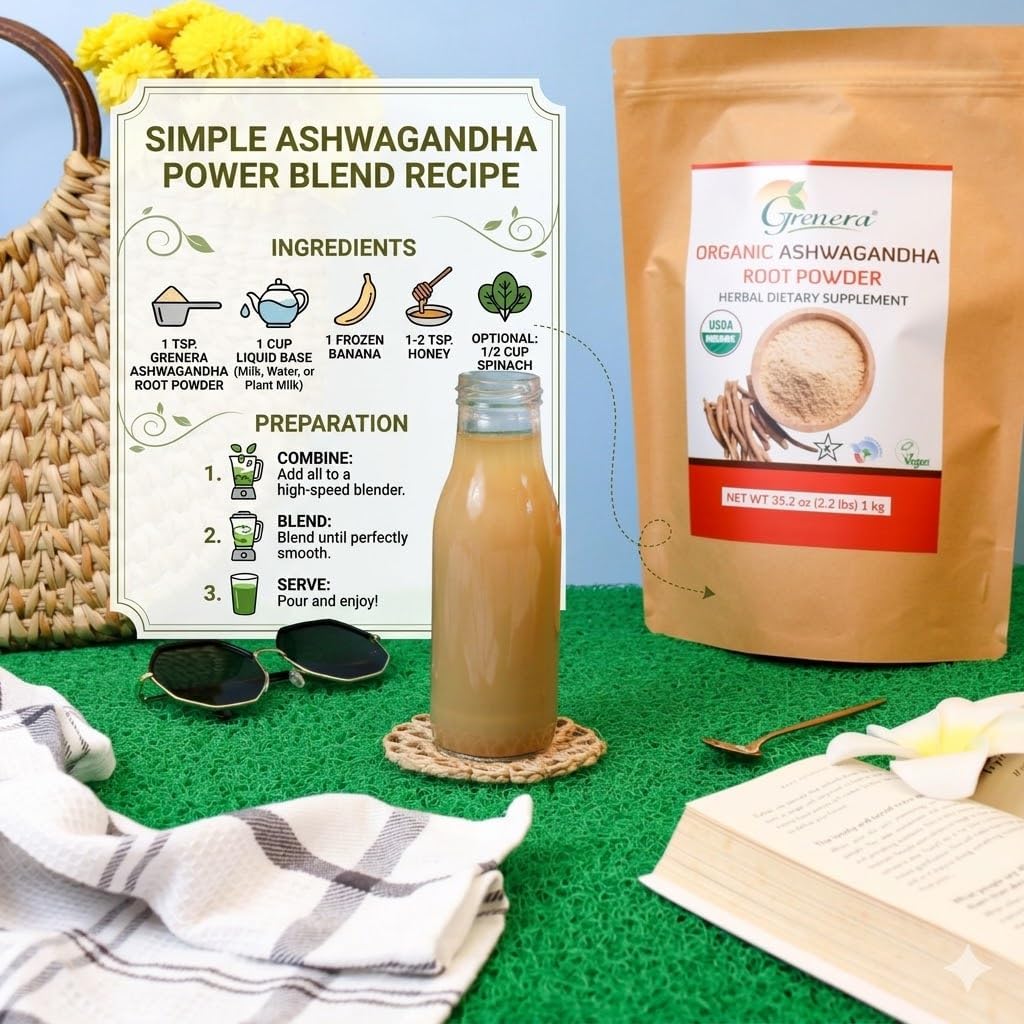 Grenera Organic Ashwagandha Root Powder | 2.2 lbs (1 kg) | USDA Organic, Vegan, Kosher Certified | Non-GMO, Gluten Free | Ashwagandha Powder for Smoothies, Drinks, Recipes | Lab Tested