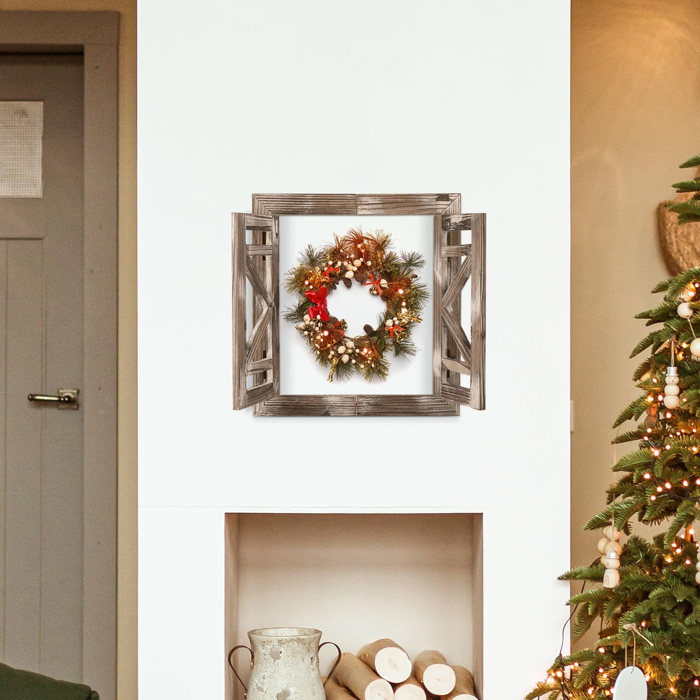 J JACKCUBE DEISGN Rustic Wood Window Frame with Opening-doors, Wall Art Decor Hanging Window Panes, Farmhouse Wall Décor for Living Room, Bathroom