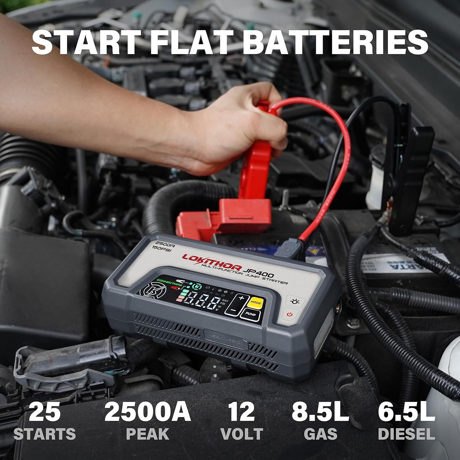 LOKITHOR JP400 Jump Starter with Air Compressor for 8.5L Gas/6.5L Diesel | 2500A 12V Portable Jumper Starter for Car, 150PSI Tire Inflator, 300 Lumen LED Light, Power Bank, ConnectMax, Jumper Cables
