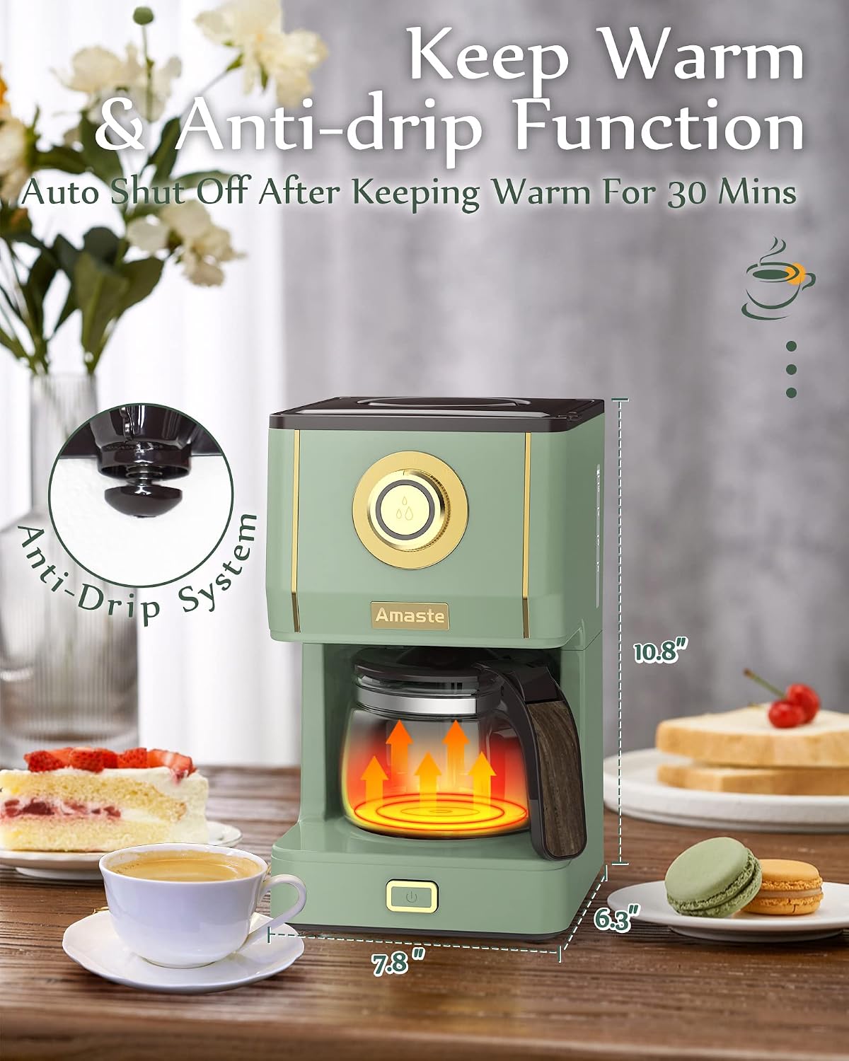 Amaste Drip Coffee Maker, Coffee Machine with 25 Oz Glass Coffee Pot, Retro Style Coffee Maker with Reusable Filter & Three Brewing Modes