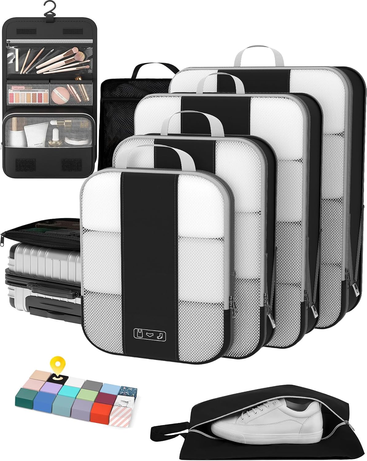 OlarHike 10 Set Compression Packing Cubes for Travel Essentials,Compressible Expandable Space Saver Bags for Organizing Clothes,Luggage Suitcase Garment Bags with Over 1000 pcs Mesh Holes(Black)