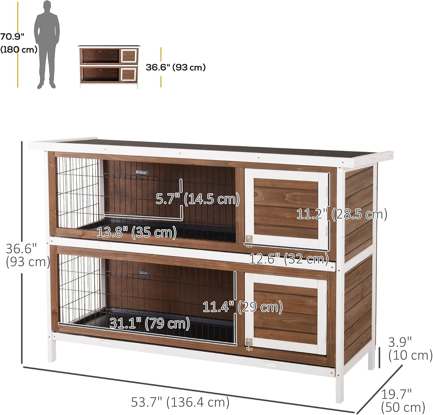 PawHut 54" 2-Story Large Rabbit Hutch Bunny Cage Wooden Pet House Small Animal Habitat with Lockable Doors, No Leak Tray and waterproof Roof for Outdoor/Indoor Orange | Wooden Pet House, Small Animal Habitat, No Leak Tray, Waterproof Roof, for Chickens D…